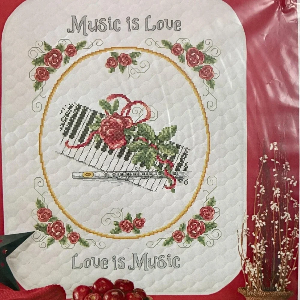 Herrschners Music is Love Lap Quilt Cross Stitch Kit Wall Hanging 34x43 Piano